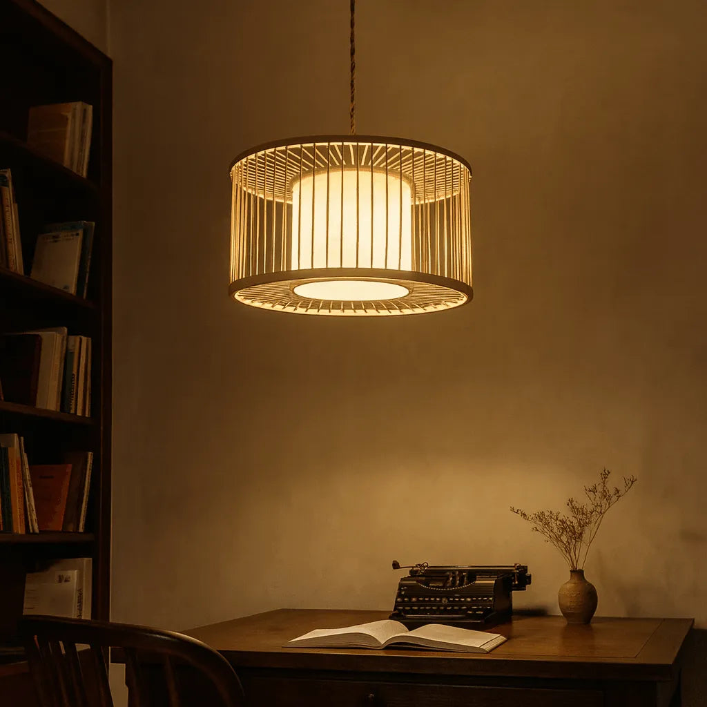 Japandi Drum Bamboo Pendant Light for Living Room & Bedroom - M11/E27/E26