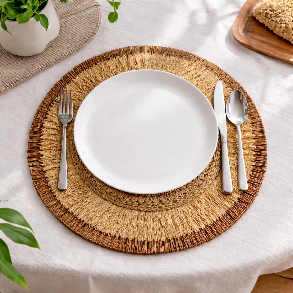 Boho Wanddeko | Runder Wandbehang aus Rattan & Bastgeflecht - 38cm