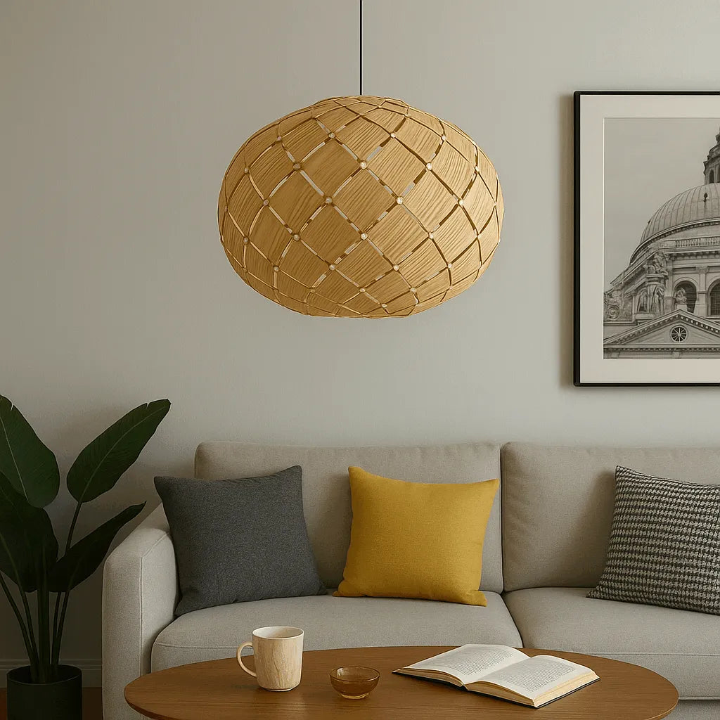 Nordic Lantern Pendant Light Shade | Round Natural Wood Hanging Lamp – E27/E26