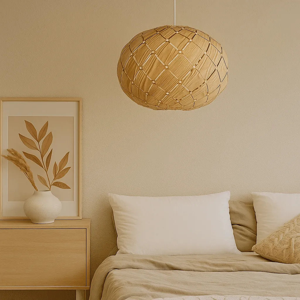 Nordic Lantern Pendant Light Shade | Round Natural Wood Hanging Lamp – E27/E26
