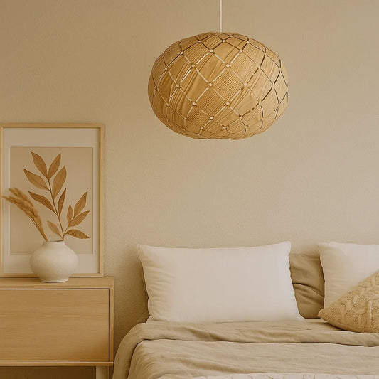 Nordic Lantern Pendant Light Shade | Round Natural Wood Hanging Lamp – E27/E26