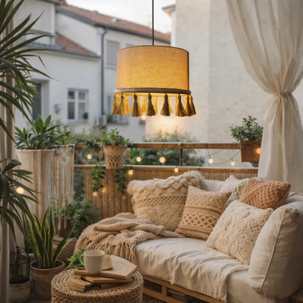 Kit de Suspension Luminaire Tambour en Lin DIY | Abat-jour Suspendu en Tissu Naturel Beige avec Pompon