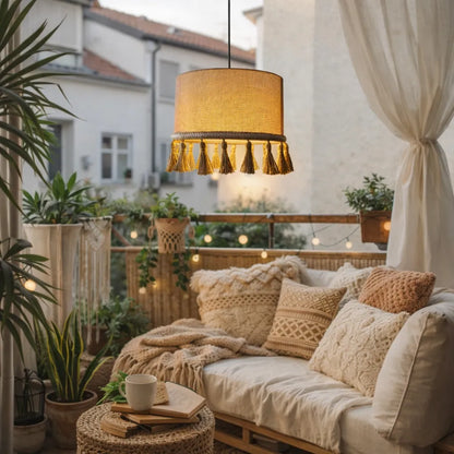 Kit de Suspension Luminaire Tambour en Lin DIY | Abat-jour Suspendu en Tissu Naturel Beige avec Pompon