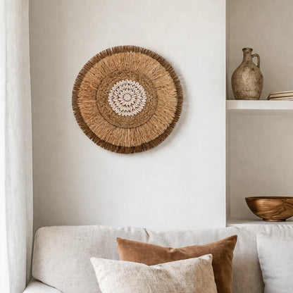 Boho Wanddeko | Runder Wandbehang aus Rattan & Bastgeflecht - 38cm