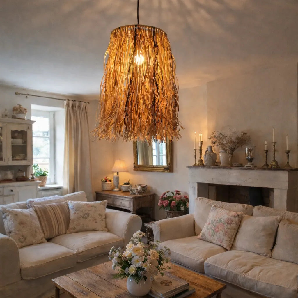 Boho Raffia Pendant Lampshade | Natural DIY Hanging Light Shade Kit with Fringe