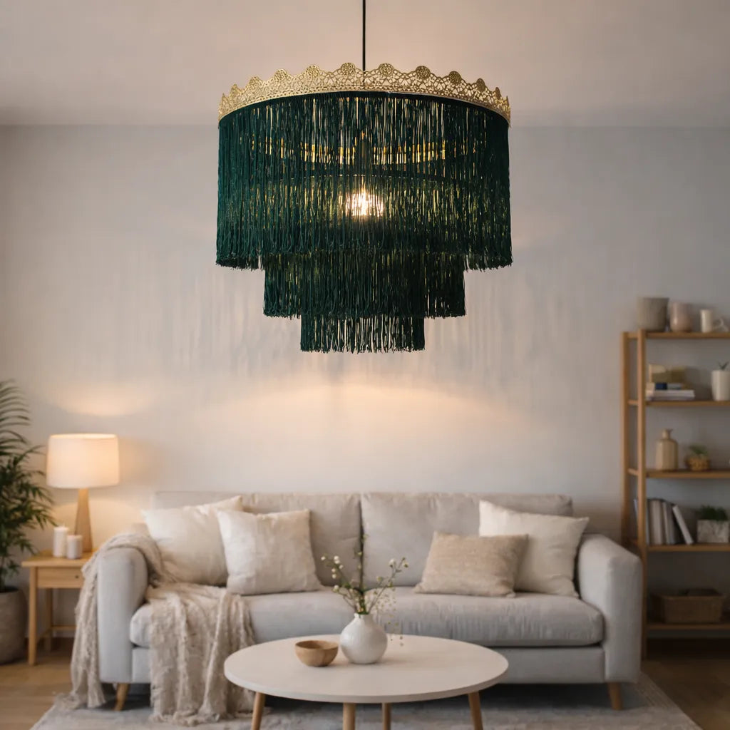 Abat-jour suspendu à franges rose et vert | Kit DIY pour suspension lumineuse style bohème