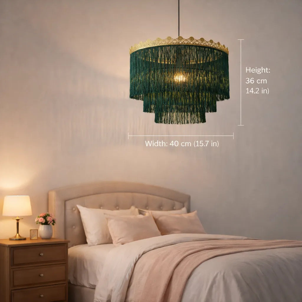 Abat-jour suspendu à franges rose et vert | Kit DIY pour suspension lumineuse style bohème