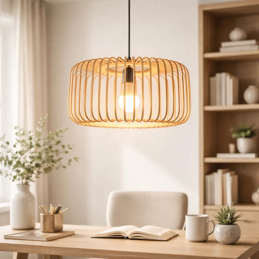 Scandinavian Drum Cage Bamboo Pendant Light Shade for Dining Room | Minimalist Design – M11/E26/E27