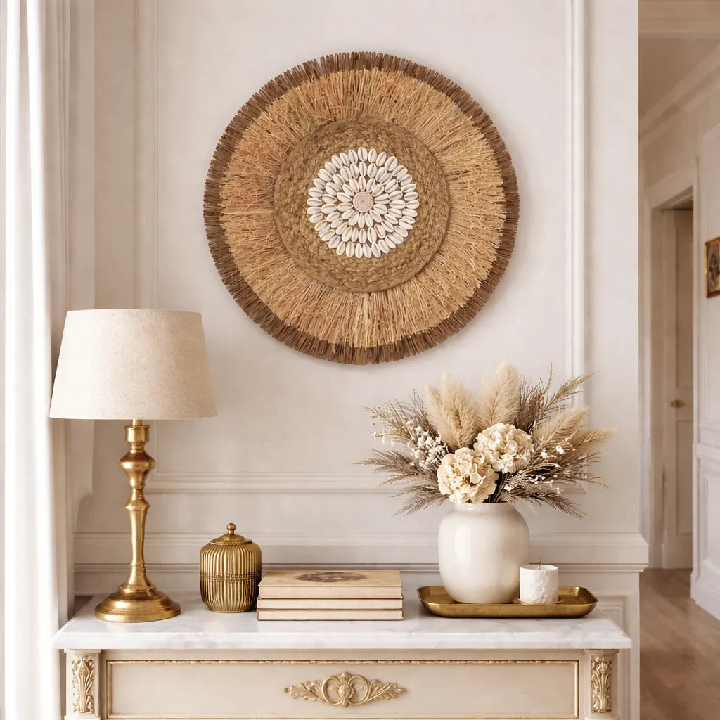 Boho Wanddeko | Runder Wandbehang aus Rattan & Bastgeflecht - 38cm