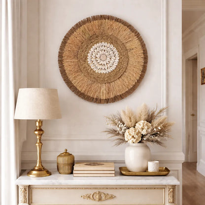 Boho Wanddeko | Runder Wandbehang aus Rattan & Bastgeflecht - 38cm