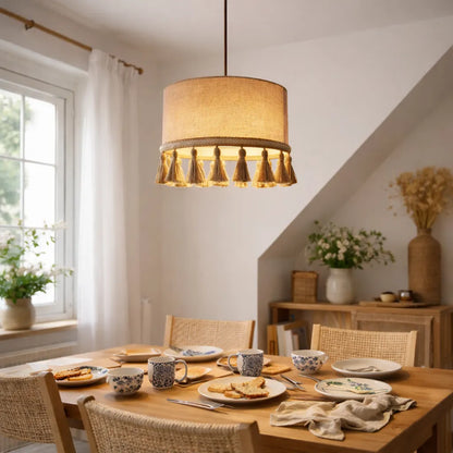 Kit de Suspension Luminaire Tambour en Lin DIY | Abat-jour Suspendu en Tissu Naturel Beige avec Pompon
