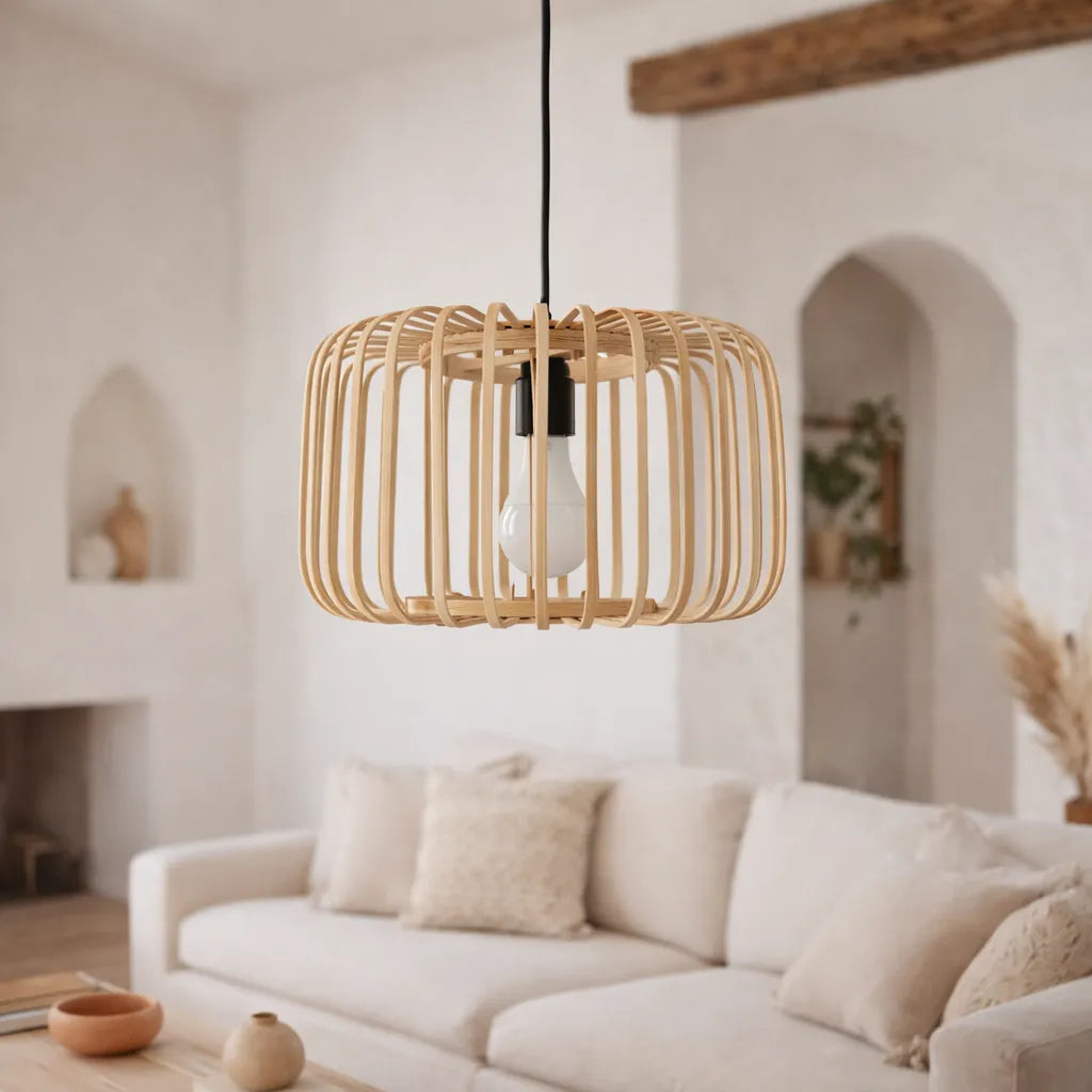 Scandinavian Drum Cage Bamboo Pendant Light Shade for Dining Room | Minimalist Design – M11/E26/E27