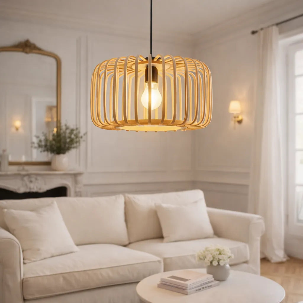 Scandinavian Drum Cage Bamboo Pendant Light Shade for Dining Room | Minimalist Design – M11/E26/E27