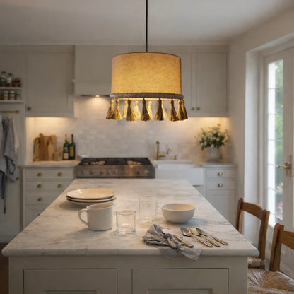 Kit de Suspension Luminaire Tambour en Lin DIY | Abat-jour Suspendu en Tissu Naturel Beige avec Pompon