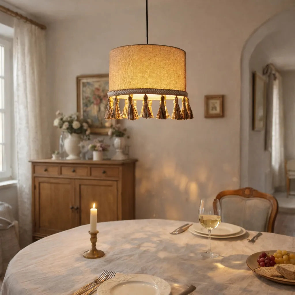Kit de Suspension Luminaire Tambour en Lin DIY | Abat-jour Suspendu en Tissu Naturel Beige avec Pompon