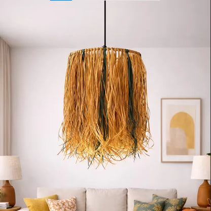 Boho Raffia Pendant Lampshade | Natural DIY Hanging Light Shade Kit with Fringe