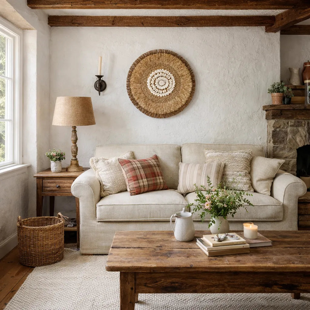 Boho Wanddeko | Runder Wandbehang aus Rattan & Bastgeflecht - 38cm