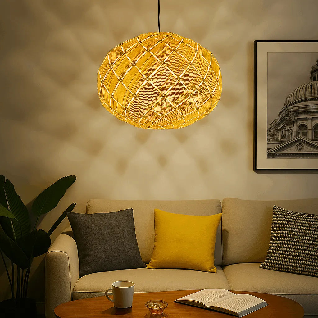 Nordic Lantern Pendant Light Shade | Round Natural Wood Hanging Lamp – E27/E26