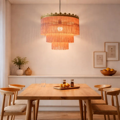 Abat-jour suspendu à franges rose et vert | Kit DIY pour suspension lumineuse style bohème