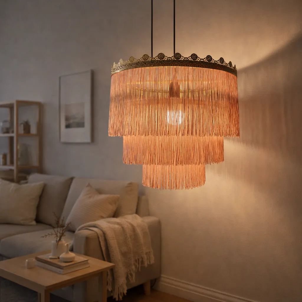 Abat-jour suspendu à franges rose et vert | Kit DIY pour suspension lumineuse style bohème