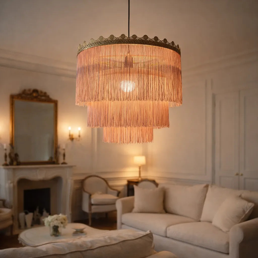 Abat-jour suspendu à franges rose et vert | Kit DIY pour suspension lumineuse style bohème