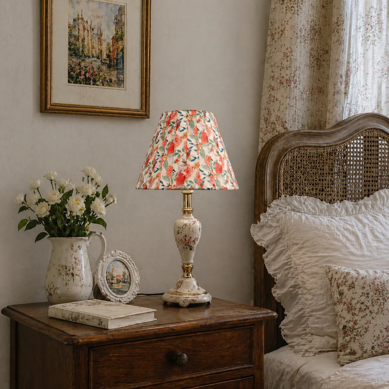 Plissierter Lampenschirm mit Blumenmuster für Tischlampe | Vintage Rosa Stoffschirm - E10 / E14 / E26 / E27