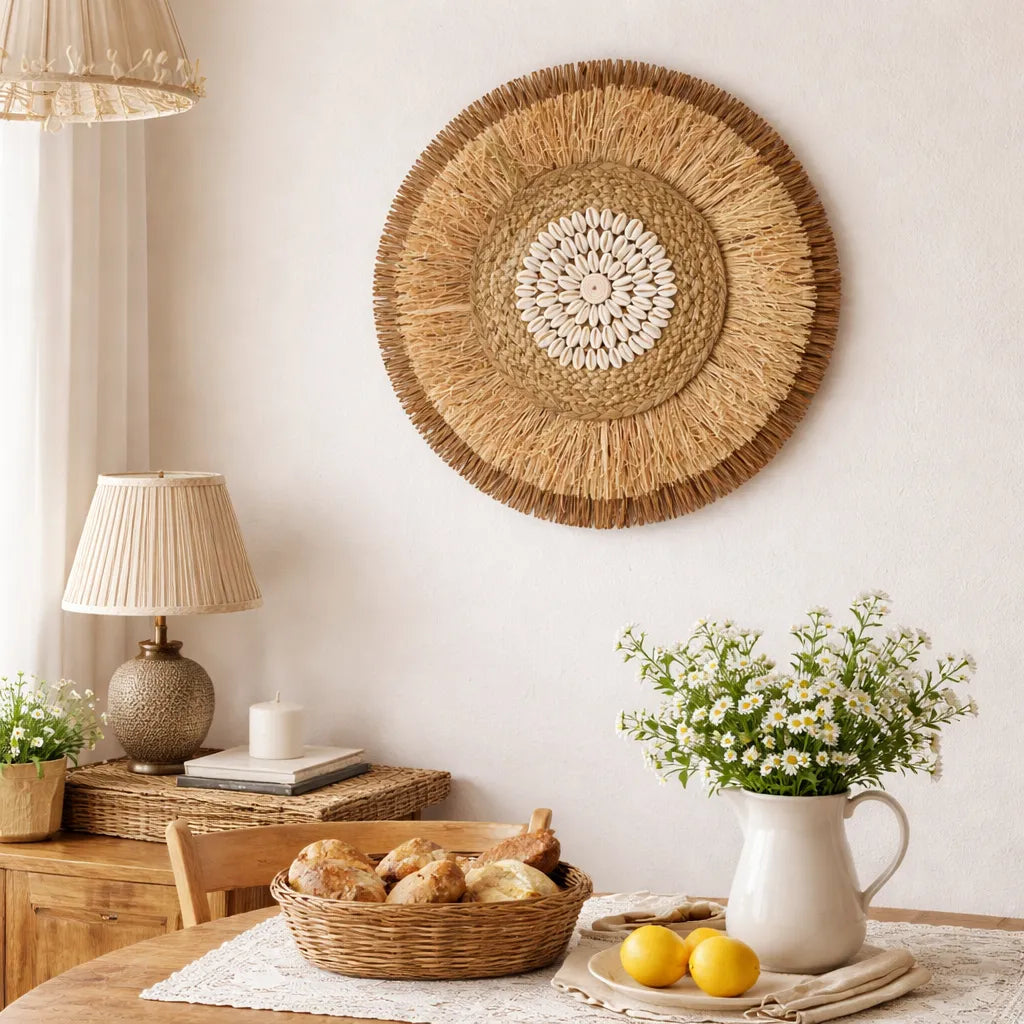 Boho Wanddeko | Runder Wandbehang aus Rattan & Bastgeflecht - 38cm