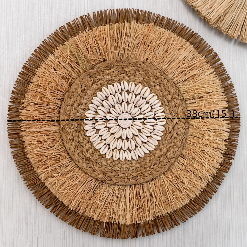 Boho Wanddeko | Runder Wandbehang aus Rattan & Bastgeflecht - 38cm