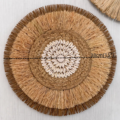 Boho Wanddeko | Runder Wandbehang aus Rattan & Bastgeflecht - 38cm