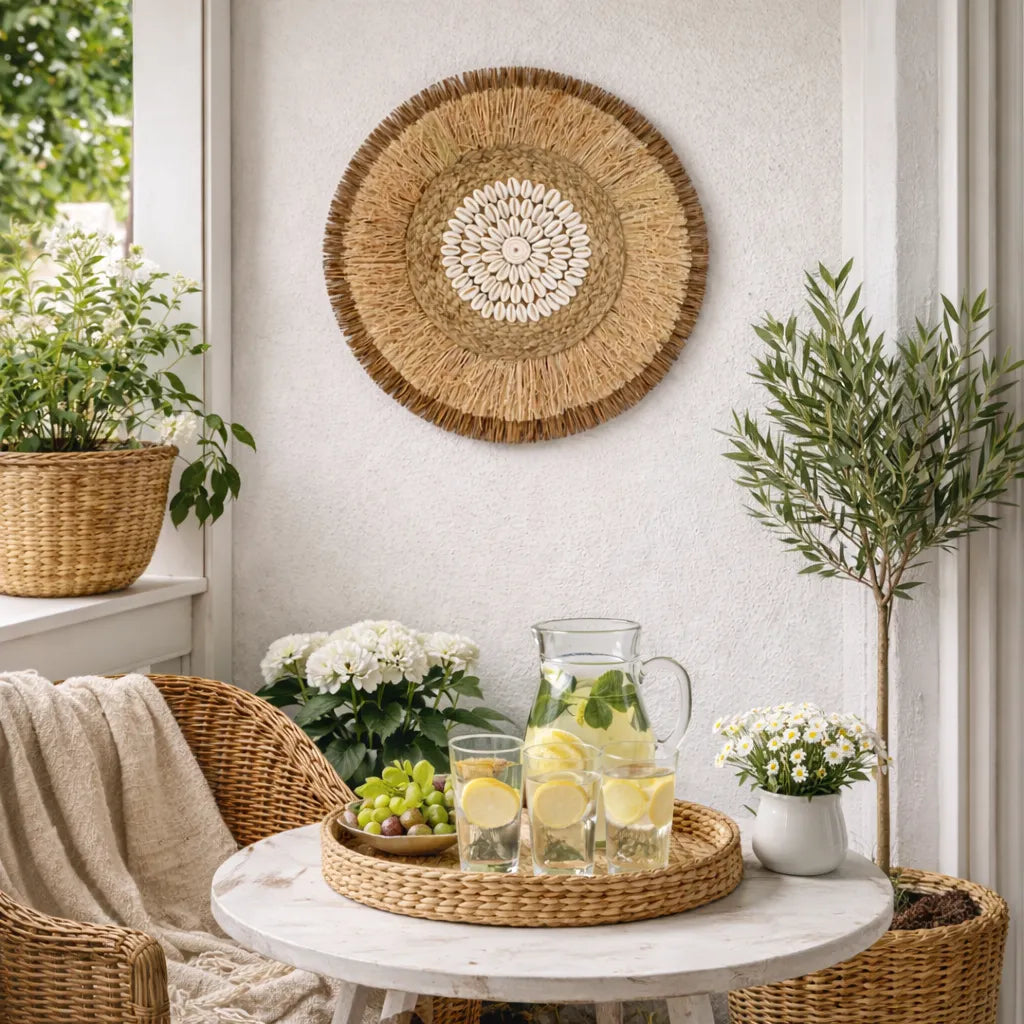 Boho Wanddeko | Runder Wandbehang aus Rattan & Bastgeflecht - 38cm