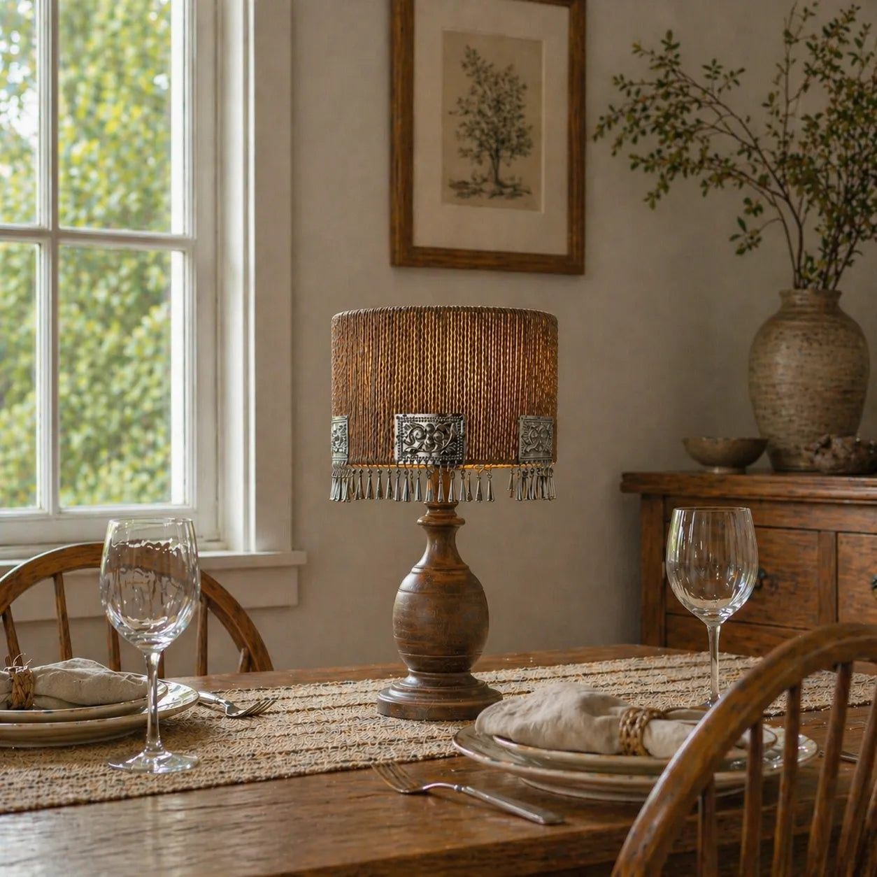 Boho Seillampenschirm mit Fransen-Detail | Natürlicher strukturierter Tischlampenschirm
