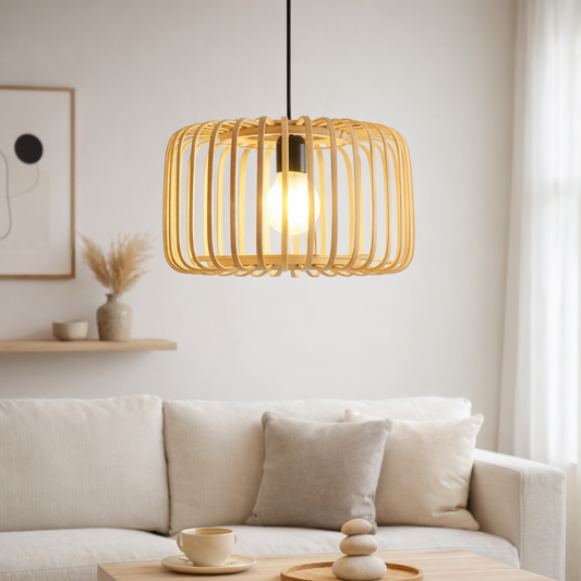 Scandinavian Drum Cage Bamboo Pendant Light Shade for Dining Room | Minimalist Design – M11/E26/E27
