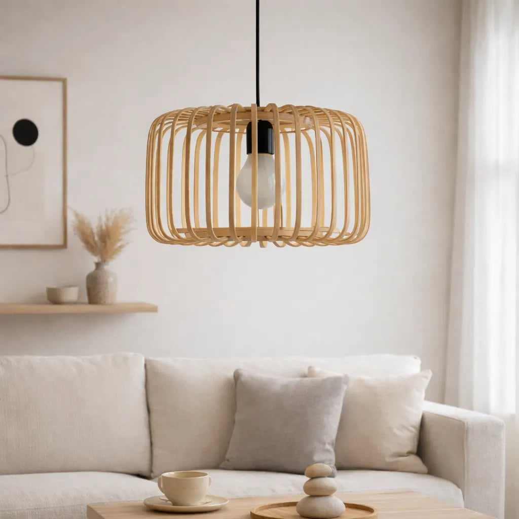 Scandinavian Drum Cage Bamboo Pendant Light Shade for Dining Room | Minimalist Design – M11/E26/E27