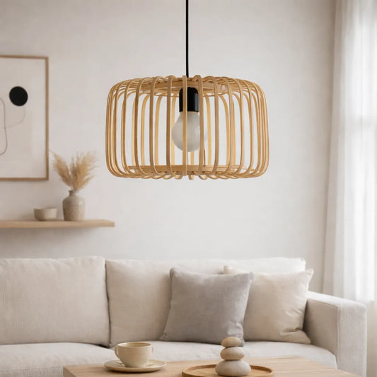 Scandinavian Drum Cage Bamboo Pendant Light Shade for Dining Room | Minimalist Design – M11/E26/E27