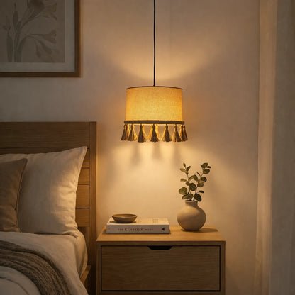 Kit de Suspension Luminaire Tambour en Lin DIY | Abat-jour Suspendu en Tissu Naturel Beige avec Pompon