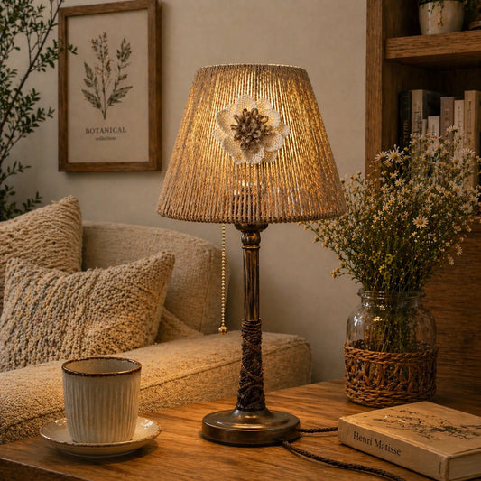 Kit d'abat-jour empire rustique en corde à faire soi-même | Petit abat-jour de lampe de table naturel avec motif floral