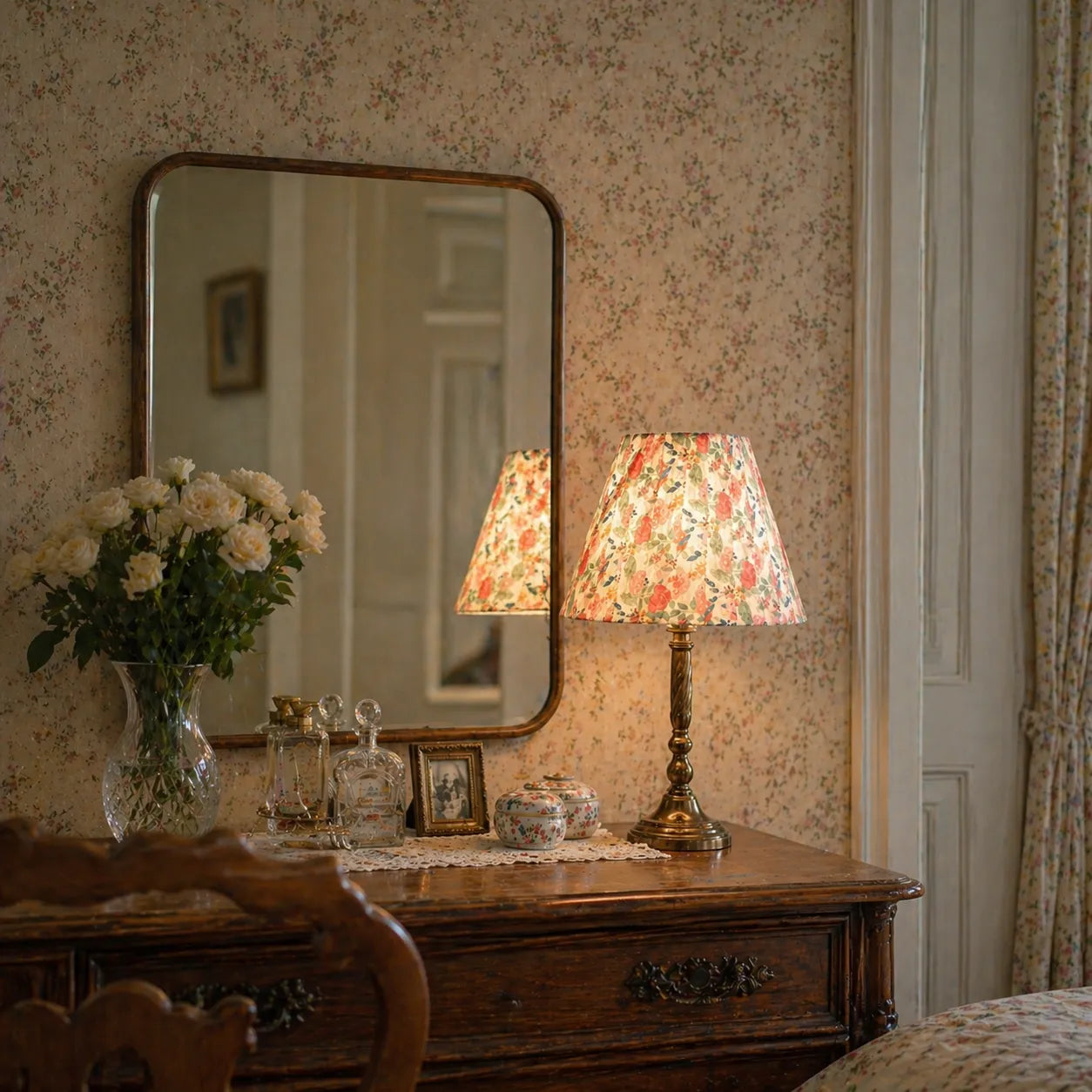 Plissierter Lampenschirm mit Blumenmuster für Tischlampe | Vintage Rosa Stoffschirm - E10 / E14 / E26 / E27