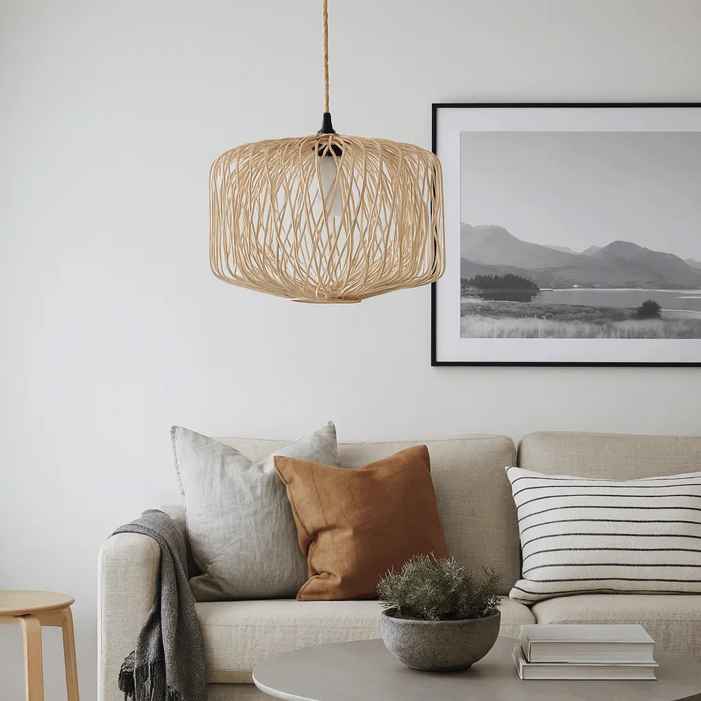 Natural Woven Cage Bamboo Pendant Light Shade | Boho Hanging Lamp – E26/E27/M11
