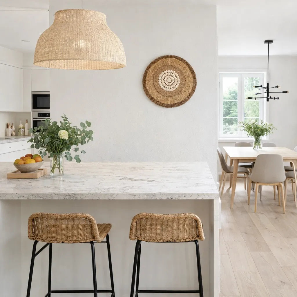 Boho Wanddeko | Runder Wandbehang aus Rattan & Bastgeflecht - 38cm