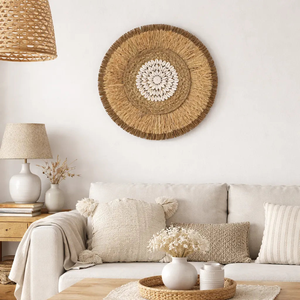 Boho Wanddeko | Runder Wandbehang aus Rattan & Bastgeflecht - 38cm